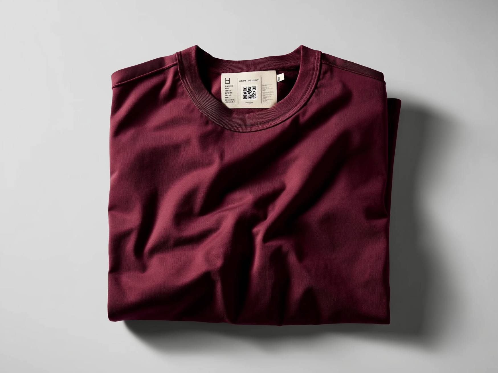 Burgundy t-shirt with QR code label showing Digital Product Passport integration
