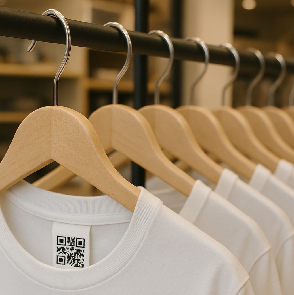 White t-shirts hanging on a rack, one with a QR code tag