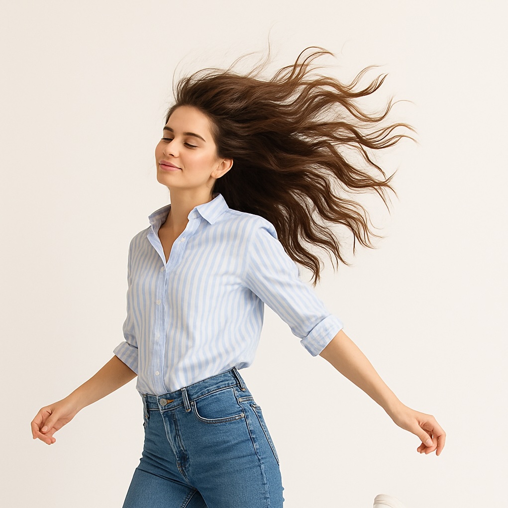 Woman with flowing hair, wearing a striped shirt and jeans