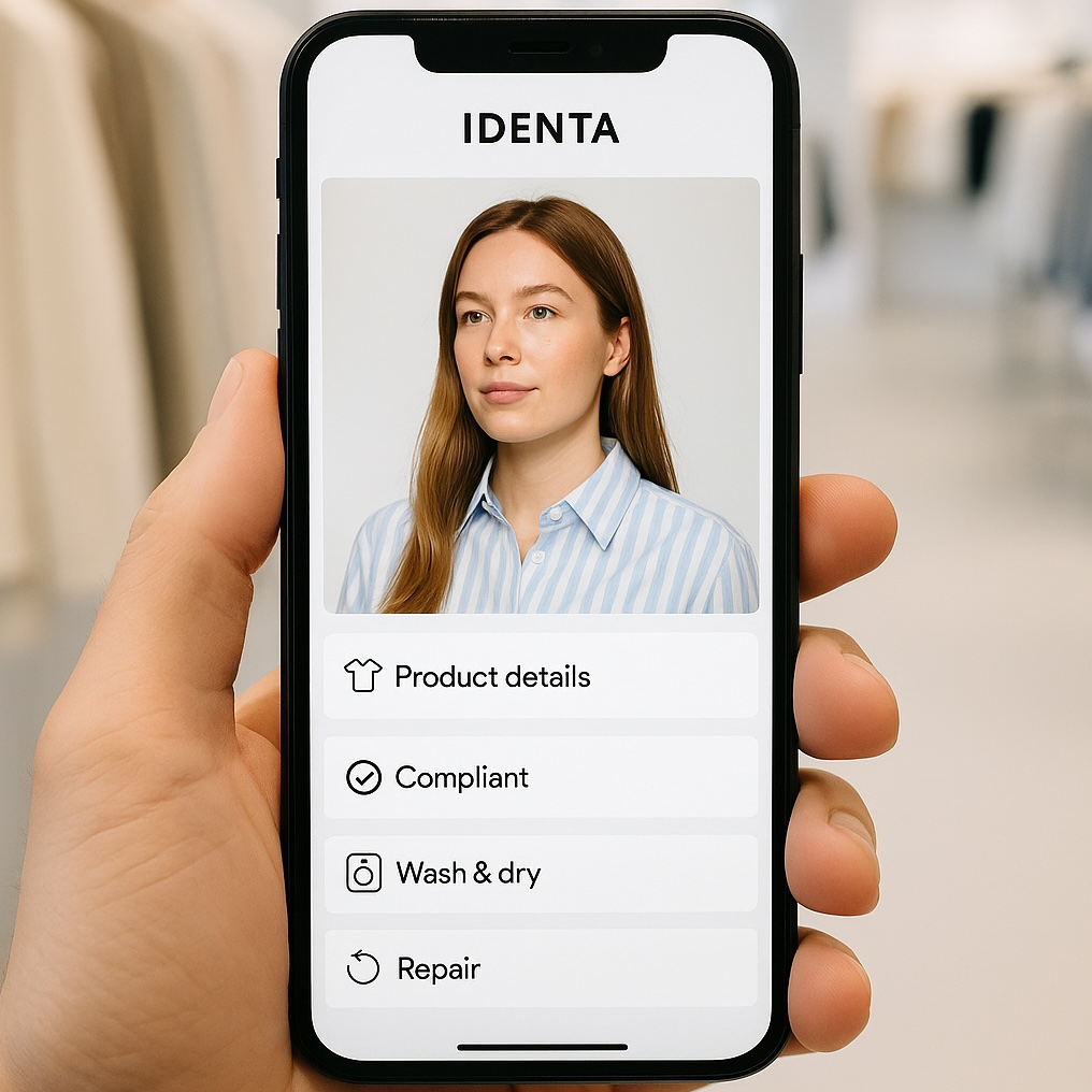 Smartphone displaying Identa app interface with product details
