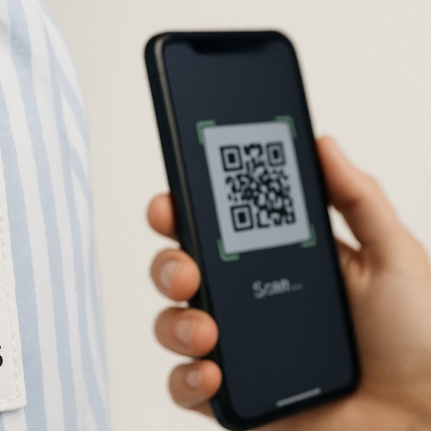 Hand holding a smartphone scanning a QR code on a shirt